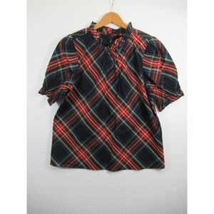 NEW J Crew Smocked Tartan Plaid Puff Sleeve Blouse Women Small Cotton Poplin